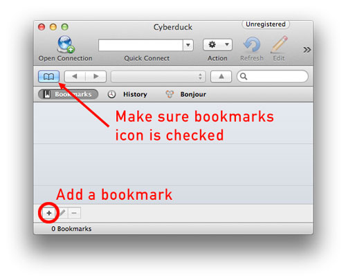 Cyberduck screenshot of setting up bookmark